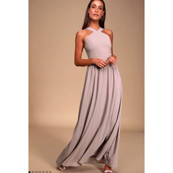 Lulus Dress Womens Small Taupe Air Of Romance Georgette Halter Maxi - Picture 1 of 12